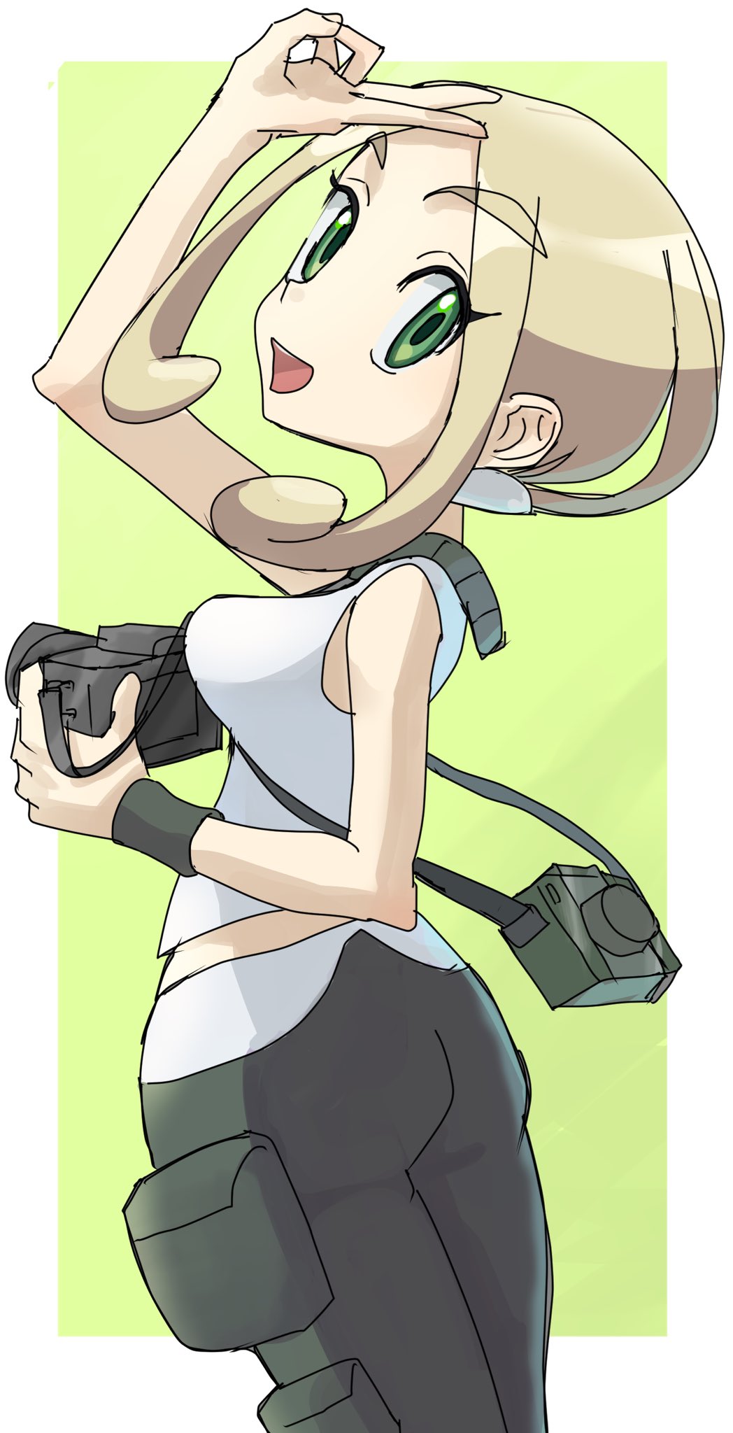 1girl :d asamaru1225 blonde_hair camera from_side green_eyes highres holding holding_camera looking_at_viewer open_mouth pants pokemon pokemon_xy shirt sleeveless sleeveless_shirt smile solo v viola_(pokemon) white_shirt