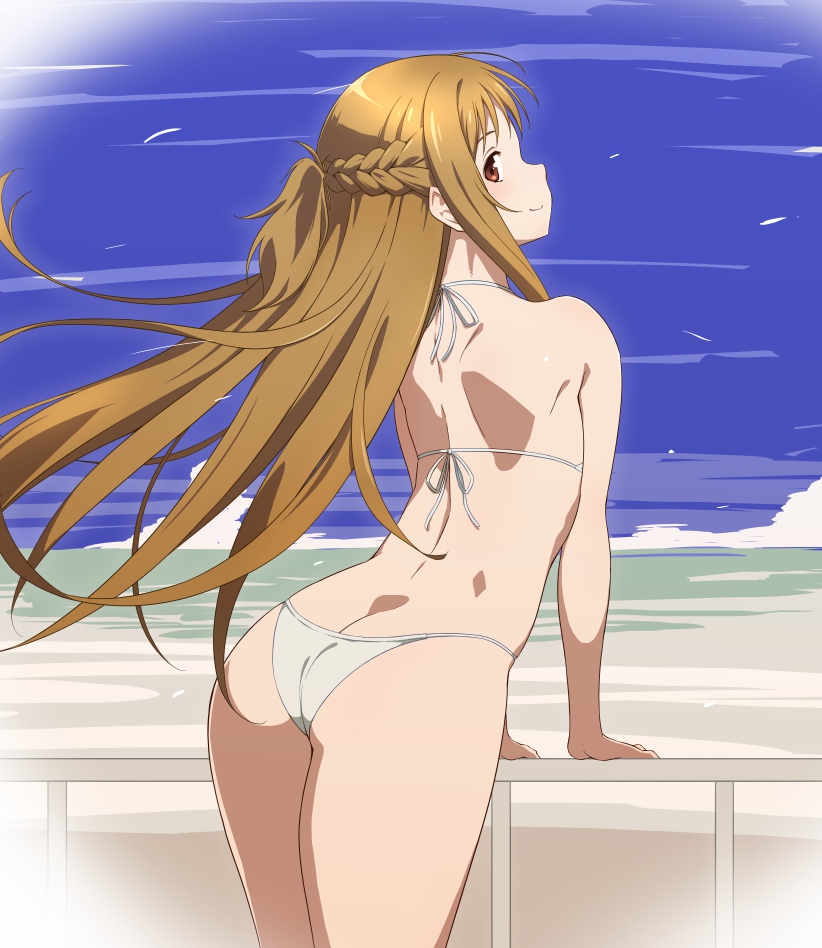 1girl ass asuna_(sao) bikini blue_sky braid brown_eyes cloud cowboy_shot day french_braid from_behind horizon long_hair looking_back ocean outdoors puge railing red_eyes sky solo swimsuit sword_art_online white_bikini