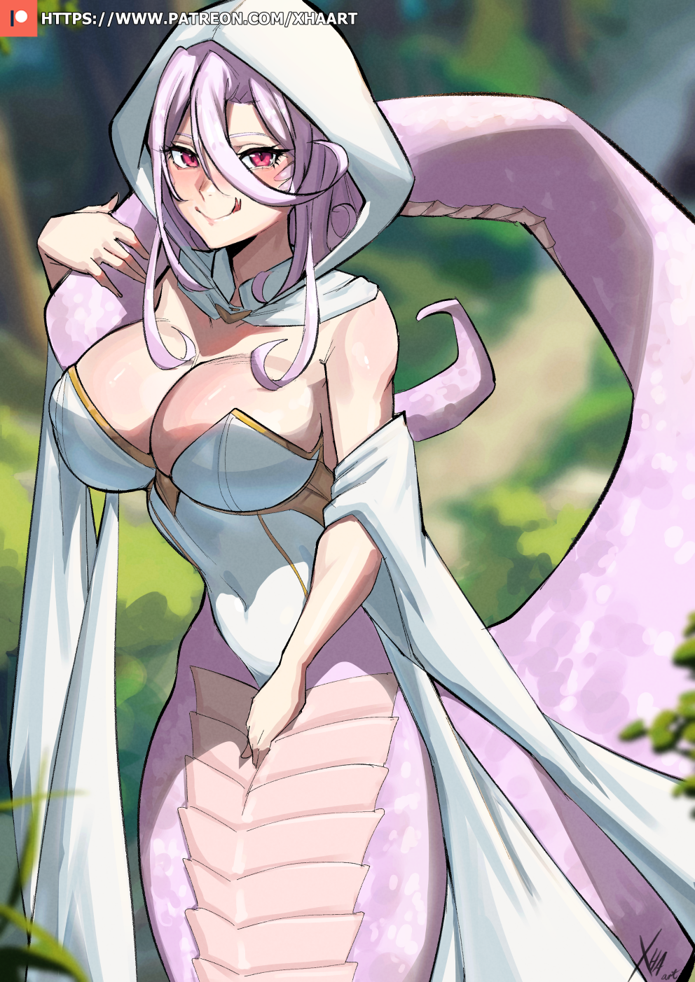 apode blush breasts clothed clothing draconcopode eyelashes female hair hi_res lamia legless looking_at_viewer pupils reptile scalie serpentine smile snake solo split_form tongue tongue_out xhaart