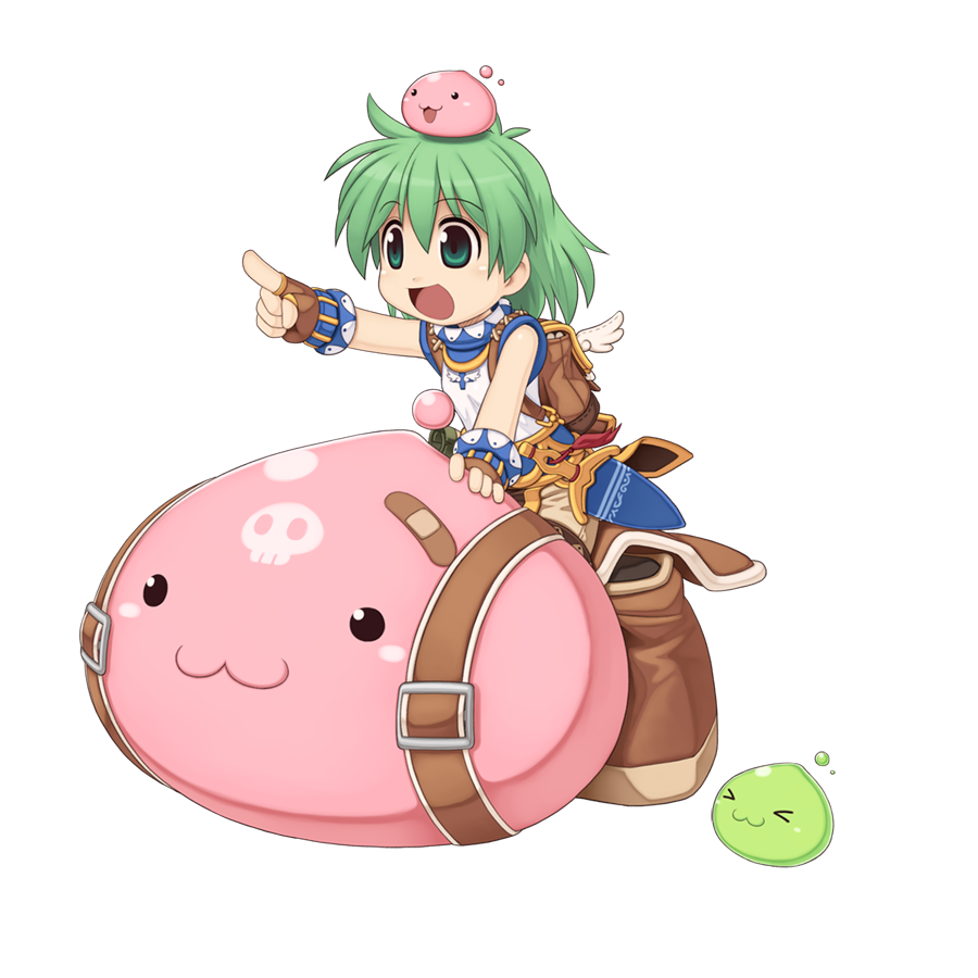 1girl :3 :d backpack bag belt blue_belt boots brown_bag brown_gloves chibi fingerless_gloves full_body gloves green_eyes green_hair looking_afar mastering medium_bangs official_art open_mouth pointing pointing_forward poporing poring ragnarok_online riding shirt short_hair simple_background slime_(creature) smile socks solo super_novice_(ragnarok_online) transparent_background turtleneck turtleneck_shirt white_shirt yuichirou