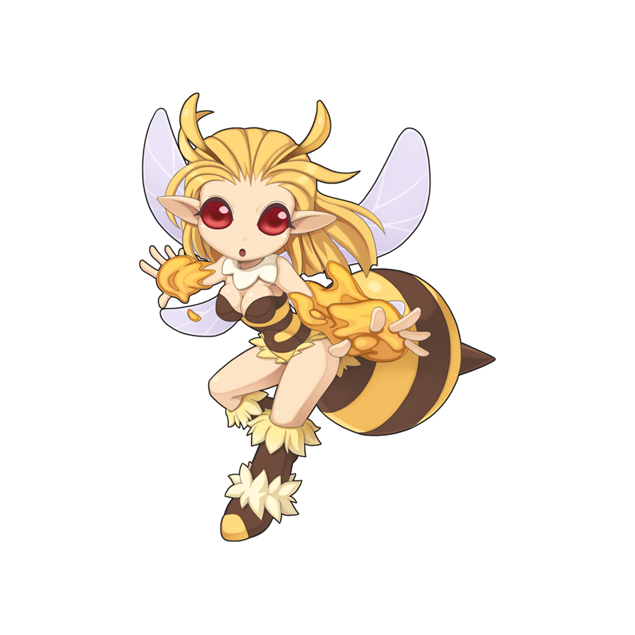 1girl :o antennae arthropod_girl bee_girl bee_wings blonde_hair boots breasts brown_footwear chibi cleavage colored_sclera full_body fur-trimmed_footwear fur_trim honey long_hair looking_at_viewer medium_breasts no_pupils official_art open_mouth pointy_ears ragnarok_online red_eyes red_sclera sera_(ragnarok_online) simple_background solo stinger transparent_background yuichirou