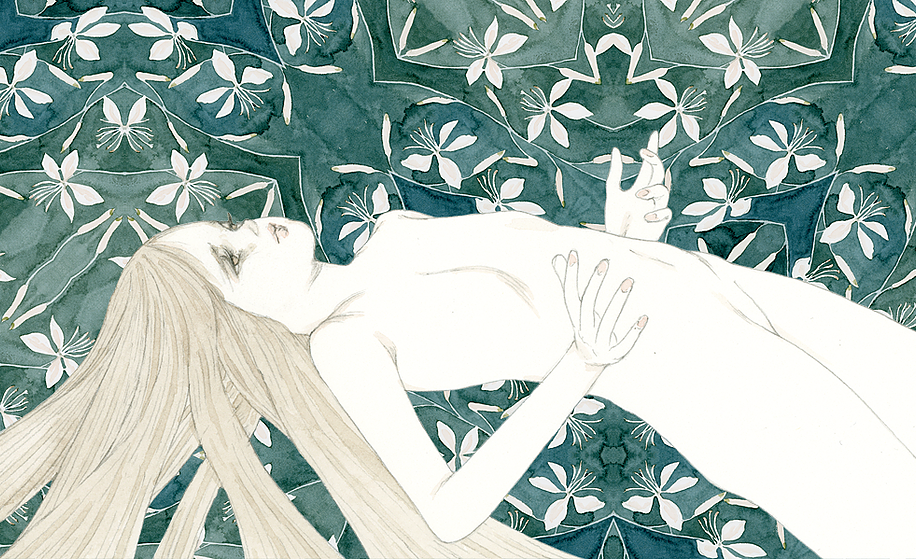 1girl colored_skin completely_nude flat_chest floating floral_background green_background kst1911 long_hair no_nipples nude original painting_(medium) petite skinny solo traditional_media watercolor_(medium) white_skin