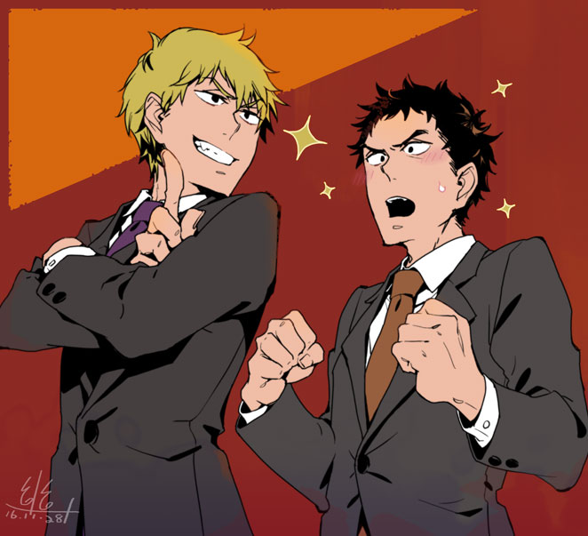 2boys black_eyes black_hair blonde_hair brown_necktie clenched_hands coattails collared_jacket collared_shirt commentary_request crossed_arms dated fingernails grey_jacket grin jacket layered_sleeves light_blush long_sleeves male_focus messy_hair mob_psycho_100 multiple_boys necktie open_mouth pointing purple_necktie red_background reigen_arataka serizawa_katsuya sharp_teeth shirt short_hair signature simple_background smile sparkle sweatdrop teeth thick_eyebrows u_u_ki_u_u upper_body upper_teeth_only white_shirt wide-eyed