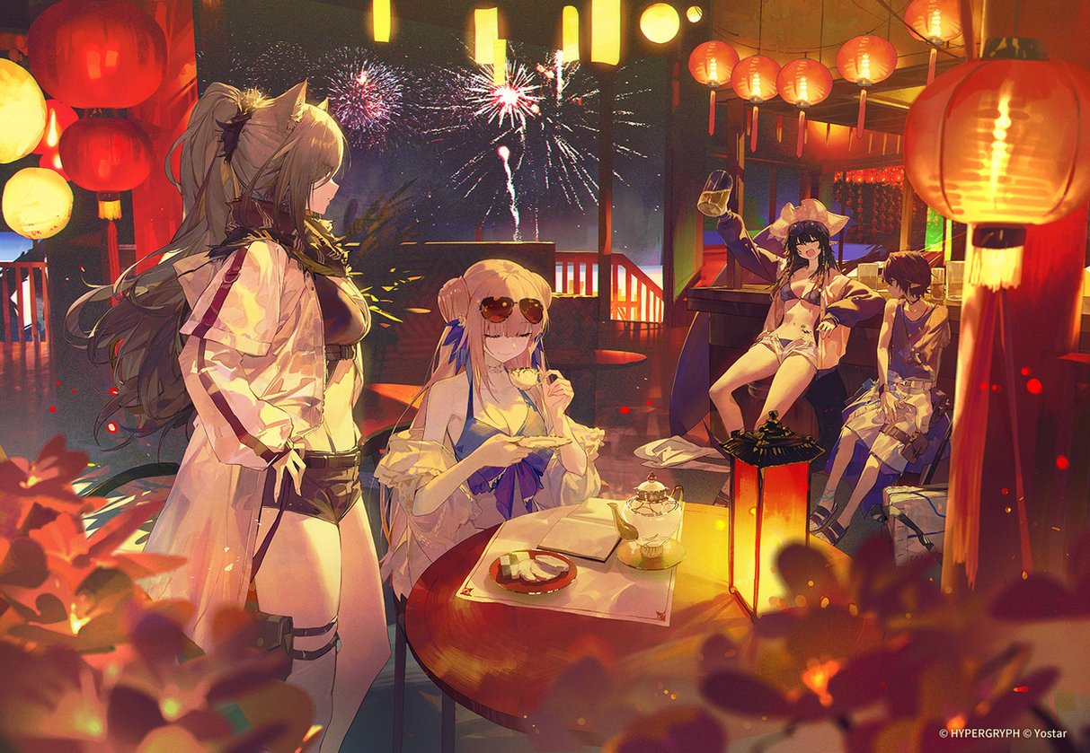 arknights bowl ceylon_(arknights) dim_sum fireworks gavial_(arknights) gavial_the_invincible_(arknights) hat lantern minimalist_(arknights) modare official_art paper_lantern rice_bowl schwarz_(arknights) short_shorts shorts sunglasses swimsuit