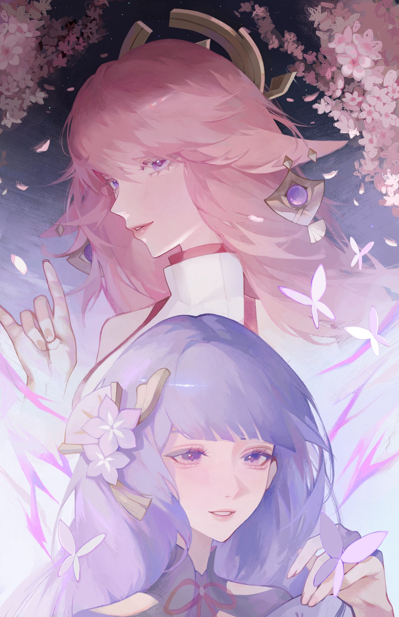 2girls animal_ears bare_shoulders blunt_bangs bug butterfly butterfly_on_hand cherry_blossoms dangle_earrings earrings english_commentary eyelashes floppy_ears flower fox_ears fox_shadow_puppet genshin_impact hair_between_eyes hair_flower hair_ornament hand_up highres jewelry light_blush lips long_hair looking_at_viewer looking_down multiple_girls nostrils parted_lips petals pink_hair pink_petals portrait purple_butterfly purple_eyes purple_flower purple_hair raiden_shogun smile sumi_(suumiko_) tassel turtleneck yae_miko