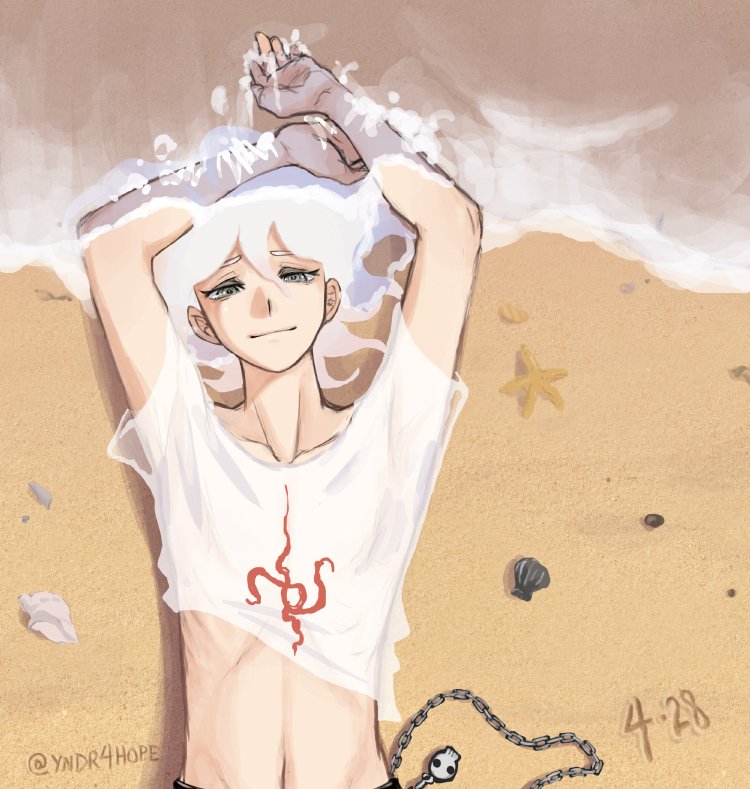 1boy arms_up chain collarbone danganronpa_(series) danganronpa_2:_goodbye_despair english_commentary from_above hair_between_eyes komaeda_nagito looking_at_viewer lying male_focus midriff navel on_back print_shirt sand shell shirt smile solo starfish t-shirt twitter_username upper_body water white_hair yandr4hope