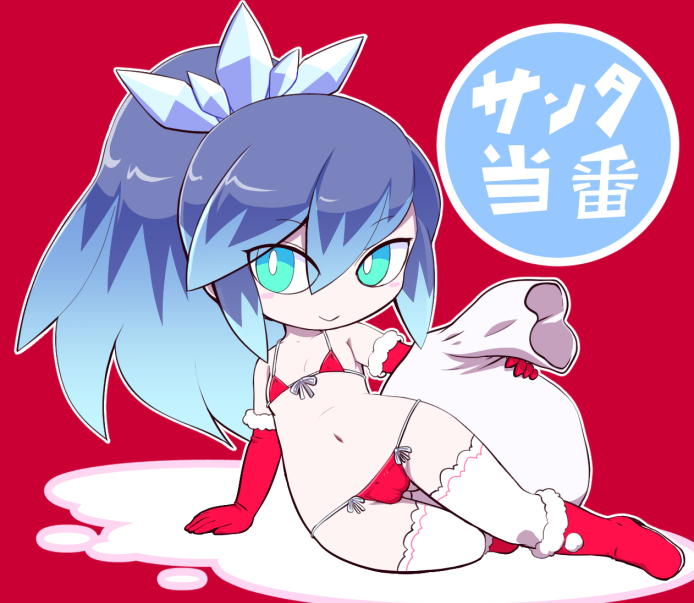 1girl aqua_eyes bikini blue_hair blush breasts cameltoe fubukihime high_ponytail long_hair looking_at_viewer multicolored_hair navel nollety red_background red_bikini sack simple_background small_breasts smile solo swimsuit thighhighs traditional_youkai two-tone_hair youkai_(youkai_watch) youkai_watch yuki_onna