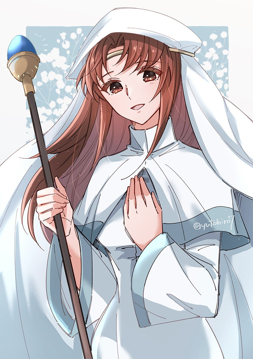 1girl :d brown_eyes brown_hair circlet dress elen_(fire_emblem) fire_emblem fire_emblem:_the_binding_blade hand_on_own_chest highres holding holding_staff long_hair long_sleeves open_mouth smile solo staff twitter_username upper_body white_dress white_headdress yutohiroya