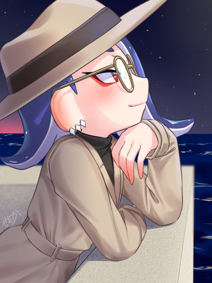 against_railing amakusa_setoka blush cephalopod_eyes coat earrings from_side highres jewelry looking_up night night_sky octoling railing round_eyewear shiver_(splatoon) sky splatoon_(series) splatoon_3 tentacle_hair tooth_earrings trench_coat yellow-framed_eyewear