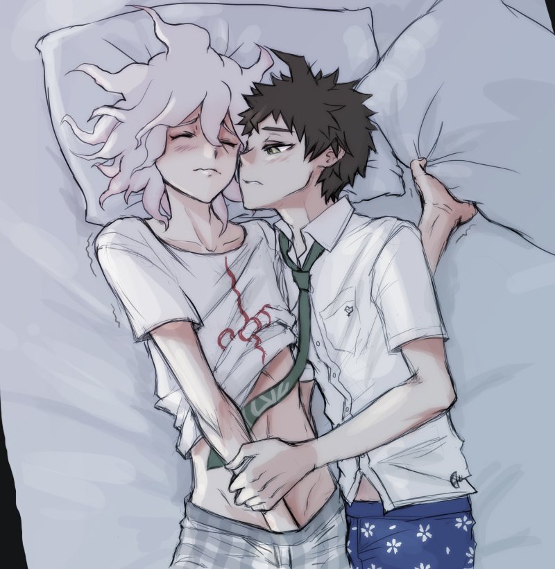 2boys ahoge bangs bed black_hair blue_male_underwear blush brown_eyes brown_hair closed_eyes commentary danganronpa_(series) danganronpa_2:_goodbye_despair green_neckwear hand_under_clothes hinata_hajime komaeda_nagito looking_at_another lying male_focus male_masturbation male_underwear masturbation messy_hair multiple_boys necktie on_back on_bed on_side pillow pillow_grab plaid print_shirt shirt short_hair short_sleeves underwear white_hair white_shirt yandr4hope yaoi