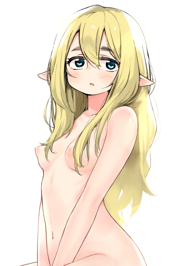 1girl bangs between_legs blonde_hair blue_eyes blush breasts character_request commentary_request completely_nude copyright_request hair_between_eyes hair_over_breasts hand_between_legs linea_alba long_hair looking_at_viewer moru_(monaka) navel nipples nude open_mouth pointy_ears solo tareme upper_body white_background