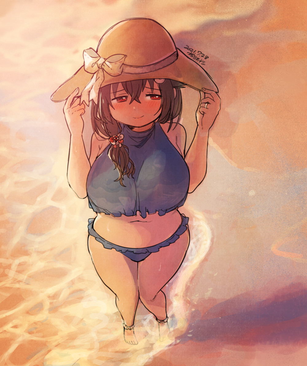 1girl artist_name beach bikini black_hair blue_bikini breasts commentary dated frilled_skirt frills from_above hair_flaps hair_over_shoulder hat hat_tug jewelry jingei_(kancolle) kantai_collection kirisawa_juuzou large_breasts long_hair looking_to_the_side red_eyes ring sideways_glance skirt solo sun_hat sunset swimsuit waves wedding_band