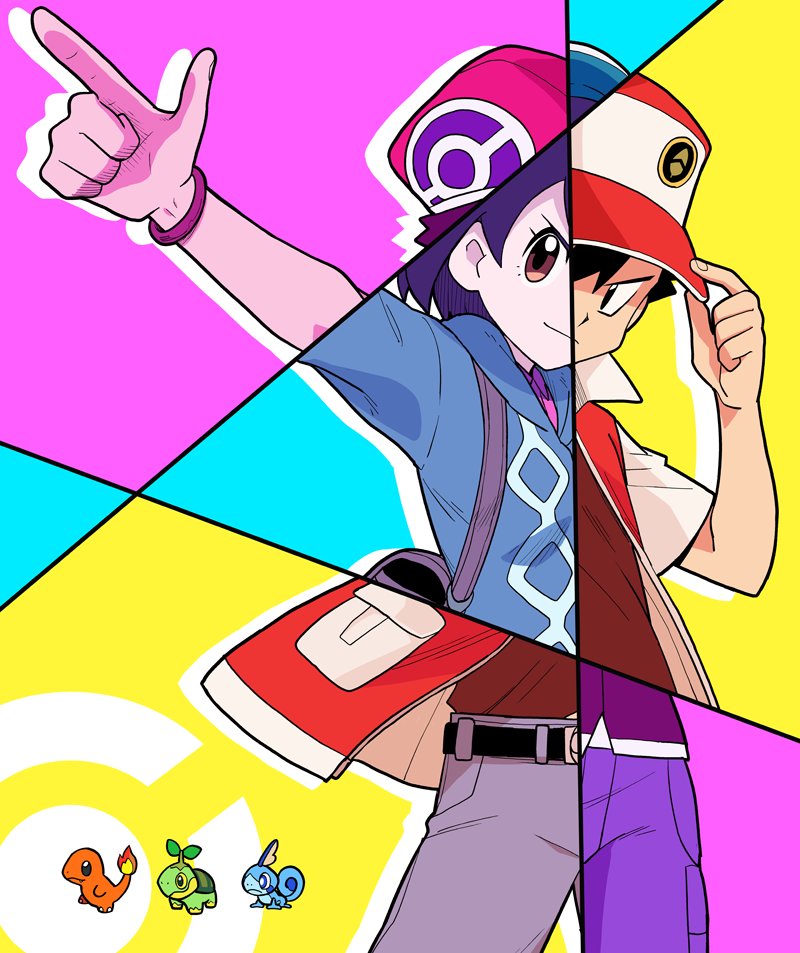 1girl 2boys alternate_color bangs baseball_cap belt belt_buckle black_belt black_eyes black_hair blue_cardigan bracelet brown_eyes brown_shirt buckle cable_knit cardigan charmander closed_mouth collared_dress commentary_request dododo_dadada dress eyelashes gen_1_pokemon gen_4_pokemon gen_8_pokemon gloria_(pokemon) grey_pants hand_on_headwear hat jacket jewelry lucas_(pokemon) multiple_boys open_clothes open_jacket outline pants pointing pokemon pokemon_(creature) pokemon_(game) pokemon_dppt pokemon_masters_ex pokemon_rgby pokemon_swsh purple_dress red_(pokemon) red_headwear shirt short_hair short_sleeves smile sobble turtwig