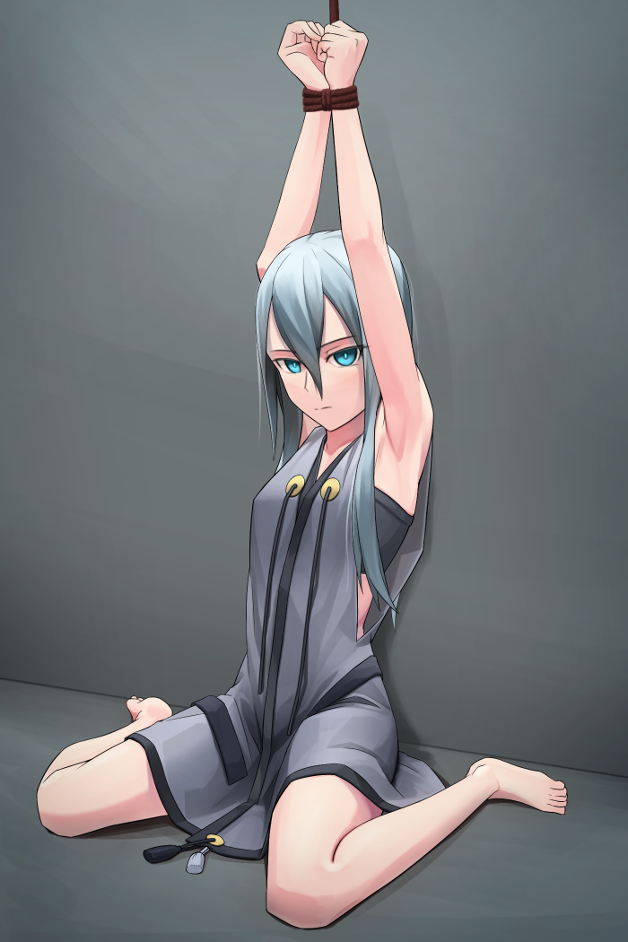 1girl armpits arms_up barefoot blue_eyes bound bound_wrists expressionless feet hair_between_eyes kis_sako looking_at_viewer original restrained rope silver_hair sitting tied_up wall wariza