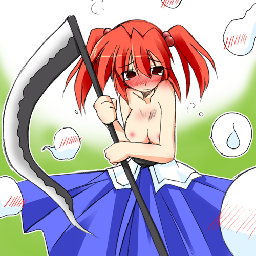 artist_request blush breasts embarrassed ghost hair_bobbles hair_ornament hitodama large_breasts lowres nipples onozuka_komachi red_hair scythe short_hair solo speech_bubble sweatdrop tears topless touhou two_side_up