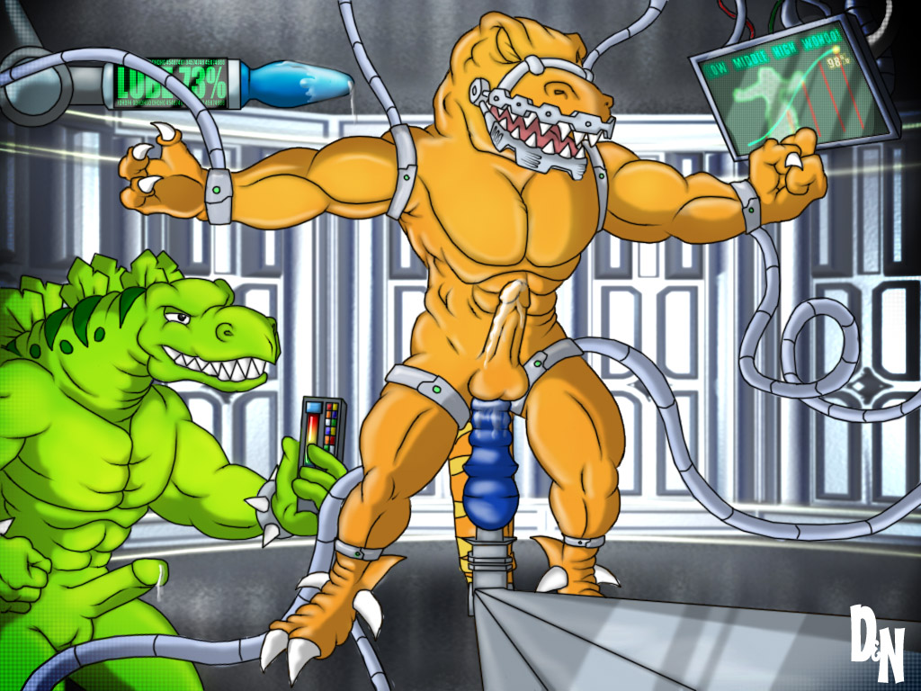 abs bad_rap bad_rap_(extreme_dinosaurs) balls biceps big_muscles big_penis claws cum cum_inside cumshot dildo dinosaur dream_and_nightmare erection extreme_dinosaurs eyes_closed gay green_skin grin laboratory male muscles nude orgasm pecs penis reptile sauropod scalie sex_toy stegosaurus stegz stegz_(extreme_dinosaurs) theropod wristband