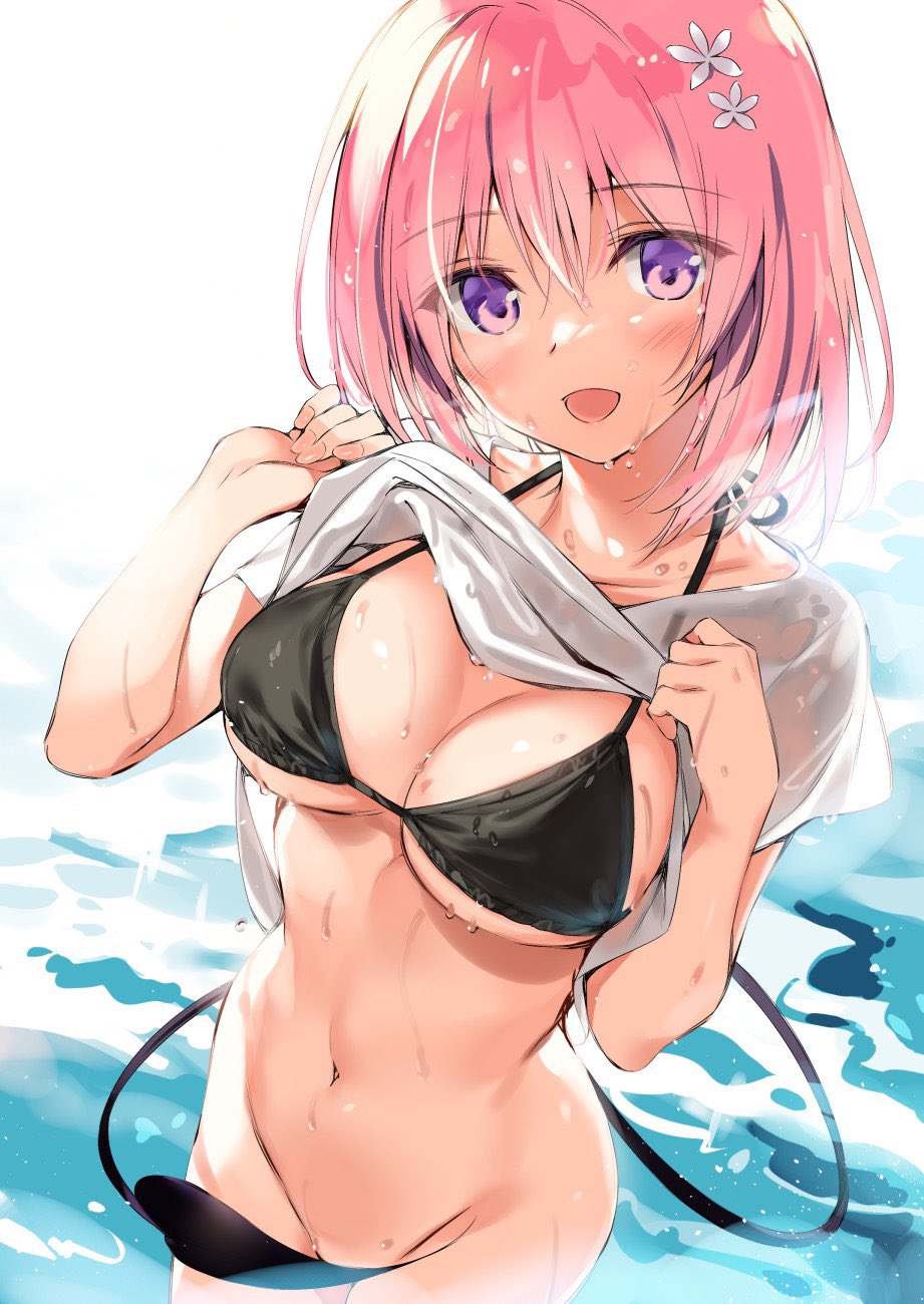 1girl :d bikini black_bikini bottomless breasts cleavage clothes_lift demon_tail hair_ornament hands_up highres large_breasts lifted_by_self looking_at_viewer momo_velia_deviluke navel open_mouth oryou pink_hair purple_eyes shirt shirt_lift short_hair smile solo standing stomach string_bikini swimsuit tail tail_censor to_love-ru wading water wet white_shirt