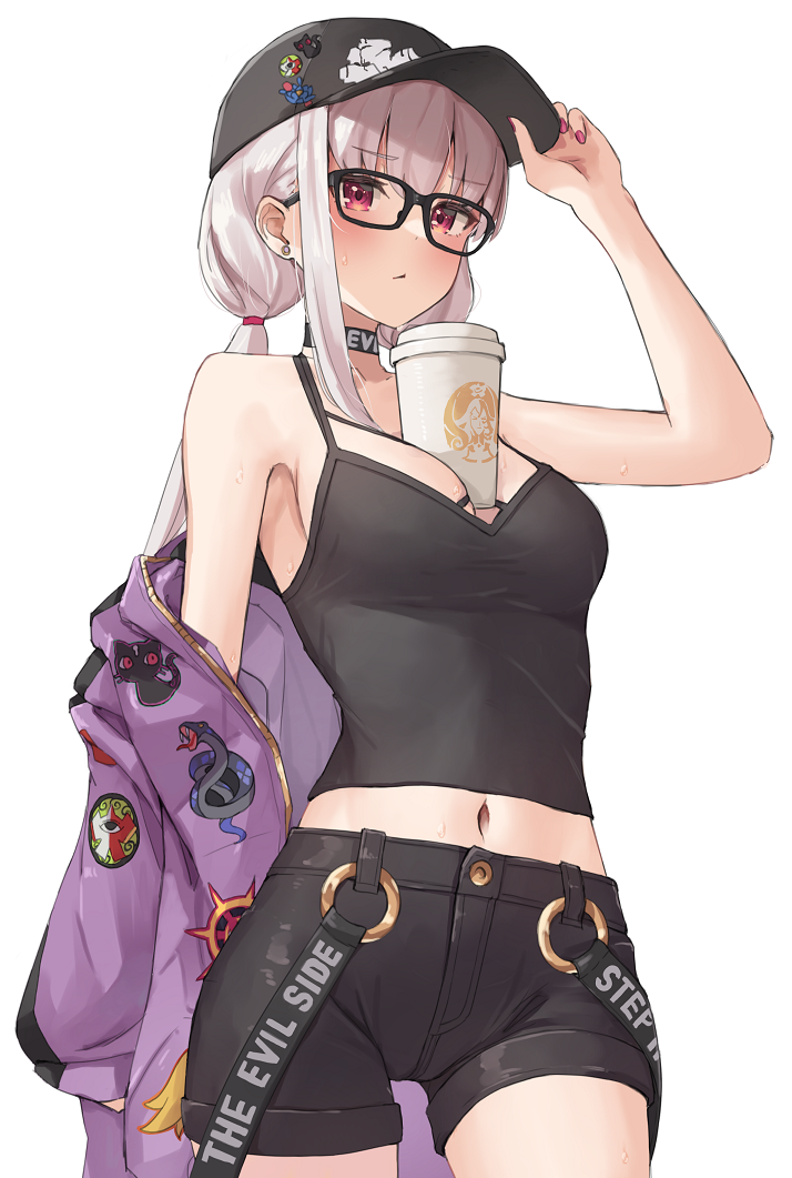 1girl alternate_costume arm_up bangs bare_shoulders baseball_cap between_breasts black-framed_eyewear black_choker black_headwear black_shorts blush breasts camisole casual choker cleavage closed_mouth commentary_request cup disposable_cup earrings eyebrows_visible_through_hair fate/grand_order fate_(series) glasses hand_on_headwear hat jacket jewelry kama_(fate) kopaka_(karda_nui) long_hair low_twintails medium_breasts nail_polish navel off_shoulder open_clothes open_jacket pink_nails purple_jacket red_eyes short_shorts shorts silver_hair simple_background single_sidelock solo stud_earrings sweat sweatdrop twintails white_background