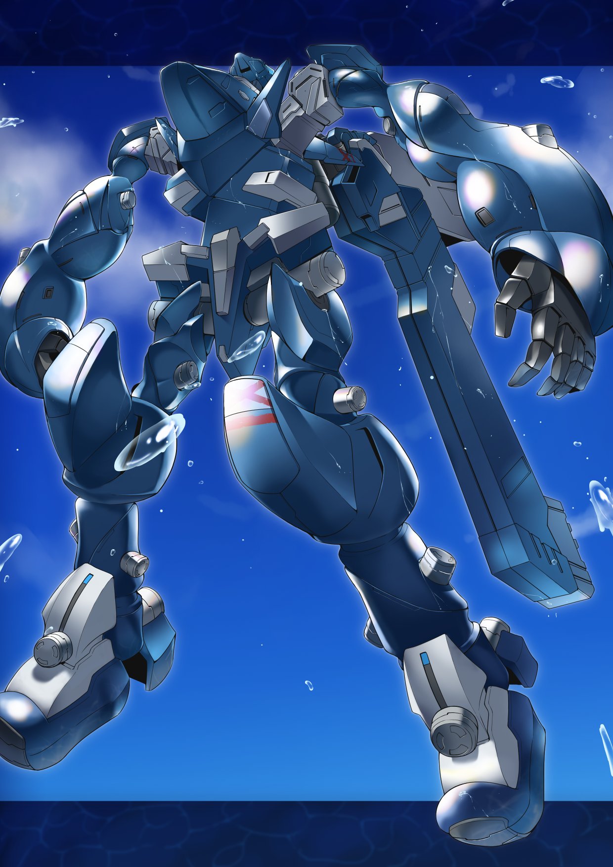 bubble floating from_below gamiani_zero highres looking_up mecha mecha_request no_humans open_hands science_fiction sky solo soukyuu_no_fafner