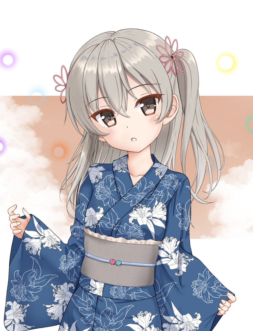 1girl :o bangs blue_kimono blush breasts brown_eyes commentary_request eyebrows_visible_through_hair flipper floral_print girls_und_panzer grey_hair hair_between_eyes head_tilt highres japanese_clothes kimono long_hair long_sleeves looking_at_viewer obi one_side_up parted_lips print_kimono sash shimada_arisu sleeves_past_wrists small_breasts solo wide_sleeves yukata