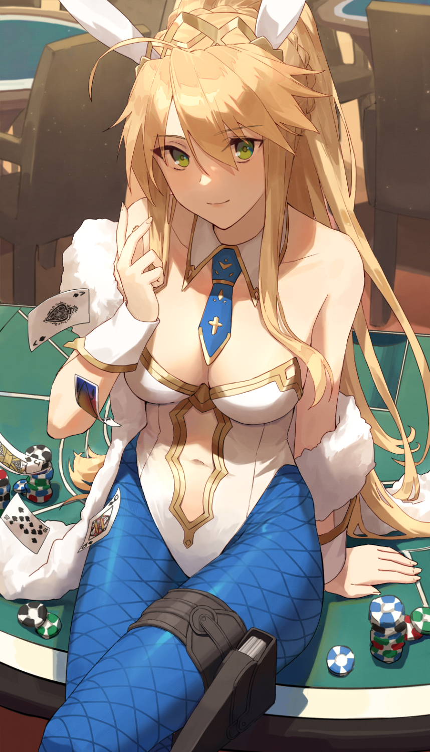1girl 7aehyun ahoge artoria_pendragon_(fate) artoria_pendragon_(swimsuit_ruler)_(fate) blonde_hair blue_legwear blue_neckwear breasts card cleavage collarbone commentary_request eyebrows_visible_through_hair fate/grand_order fate_(series) fishnet_legwear fishnets green_eyes hair_between_eyes highres long_hair looking_at_viewer medium_breasts navel necktie poker_chip ponytail revision sitting solo