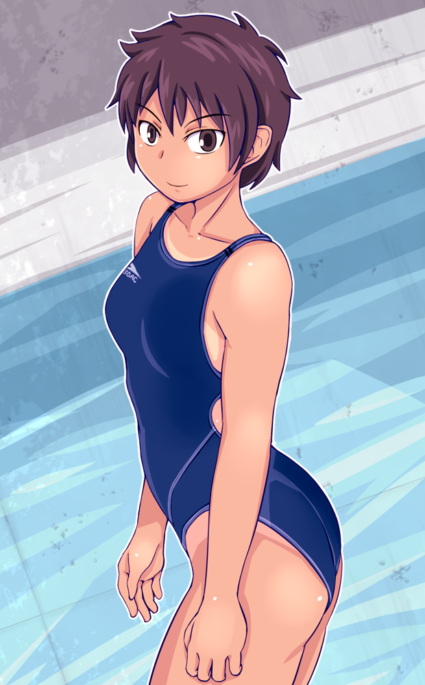 1girl bangs black_eyes blue_swimsuit breasts brown_hair closed_eyes commentary_request competition_swimsuit cowboy_shot from_side one-piece_swimsuit original short_hair small_breasts smile solo swimsuit tan tanaka_rikimaru tanlines tomboy very_short_hair