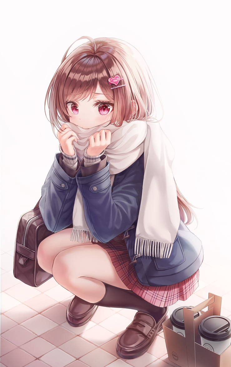 0v0_(l_seohui) 1girl ahoge bag black_legwear blue_coat brown_footwear brown_hair coat coffee_cup covering_mouth cup disposable_cup duffel_bag enpera fringe_trim hair_ornament hairclip kneehighs loafers long_hair long_sleeves looking_at_viewer miniskirt open_clothes open_coat original pink_eyes plaid plaid_skirt pleated_skirt red_skirt scarf school_bag shoes simple_background skirt solo squatting tile_floor tiles white_background winter_clothes