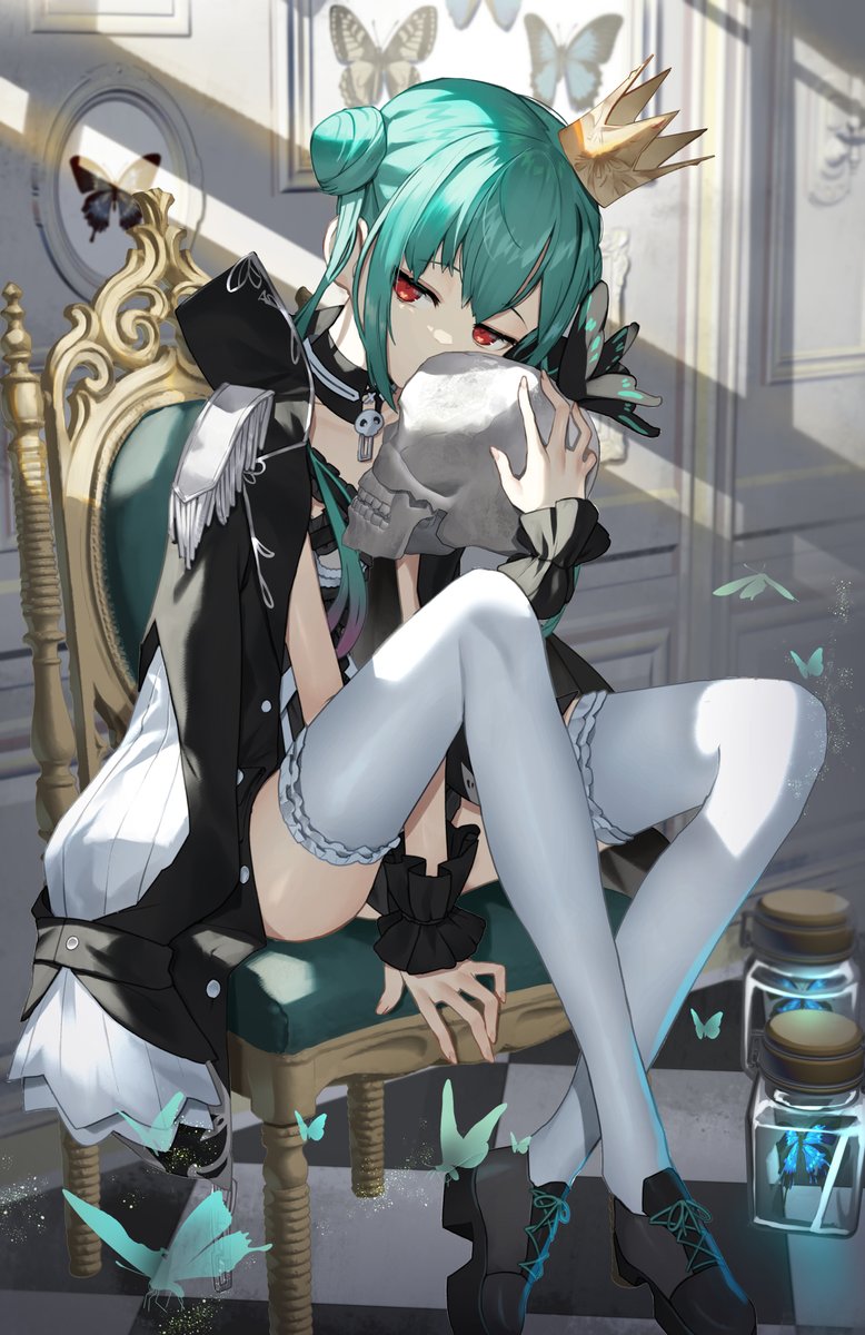 1girl black_choker black_footwear bug butterfly chair checkered checkered_floor choker commentary_request crown eyebrows_visible_through_hair green_hair hair_bun highres holding hololive insect looking_at_viewer on_chair red_eyes shoes short_hair sitting skull solo sukocchi thighhighs uruha_rushia virtual_youtuber white_legwear wrist_cuffs