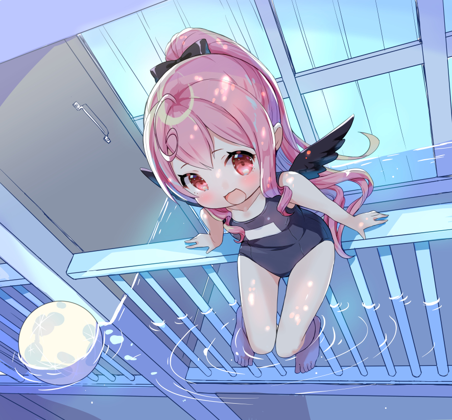 1girl afloat ahoge amimi ball barefoot black_wings blue_swimsuit bow feathered_wings feet from_above hair_bow long_hair looking_at_viewer looking_up one-piece_swimsuit open_mouth original pink_eyes pink_hair ponytail ribbon school_swimsuit sitting smile soaking_feet solo swimsuit thigh_gap thighs toes very_long_hair water wings