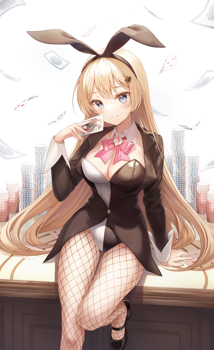 0v0_(l_seohui) 1girl animal_ears black_coat black_footwear blonde_hair blue_eyes bow bowtie breasts card cleavage coat detached_collar fake_animal_ears fishnet_legwear fishnets hair_ornament hairband hairclip hand_up highres holding large_breasts long_hair long_sleeves looking_at_viewer mary_janes original pantyhose playboy_bunny playing_card poker_chip rabbit_ears shoes sitting smile solo tailcoat two-tone_leotard very_long_hair