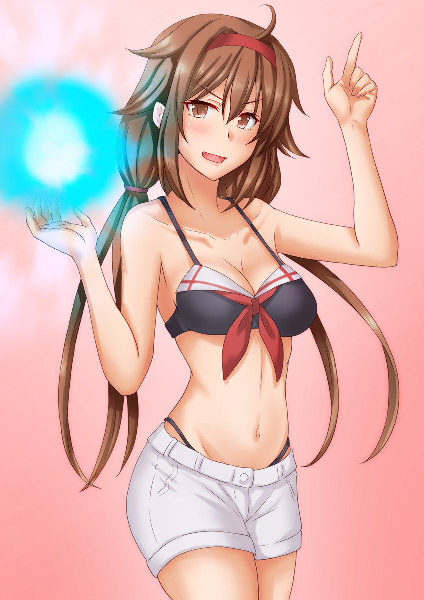 1girl adapted_costume anti_(untea9) bangs bikini bikini_under_clothes black_bikini black_swimsuit breasts brown_eyes brown_hair cleavage collarbone commentary energy_ball eyebrows_visible_through_hair glowing hair_between_eyes hair_flaps hairband hand_up highres index_finger_raised kantai_collection long_hair looking_at_viewer low_twintails medium_breasts navel open_mouth orange_eyes red_background red_hairband remodel_(kantai_collection) shiratsuyu_(kancolle) shorts smile swimsuit twintails white_shorts