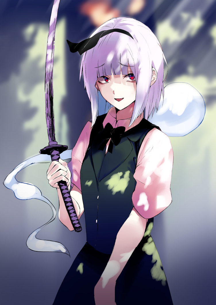 1girl asuzemu black_bow black_hairband black_neckwear black_ribbon bob_cut bow bowtie collared_shirt flat_chest green_vest hair_ribbon hairband holding holding_weapon katana konpaku_youmu konpaku_youmu_(ghost) open_mouth red_eyes ribbon shadow shirt short_hair short_sleeves silver_hair sword touhou triangle_mouth vest weapon white_shirt