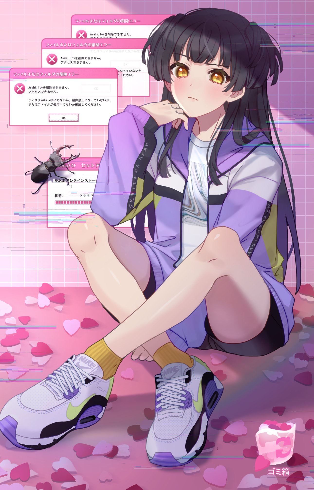 13_(spice!!) 1girl beetle black_hair brown_eyes bug highres idolmaster idolmaster_shiny_colors insect jacket long_hair mayuzumi_fuyuko nike pink_background purple_jacket shirt shoes sneakers solo t-shirt two_side_up vaporwave white_footwear windows yellow_legwear