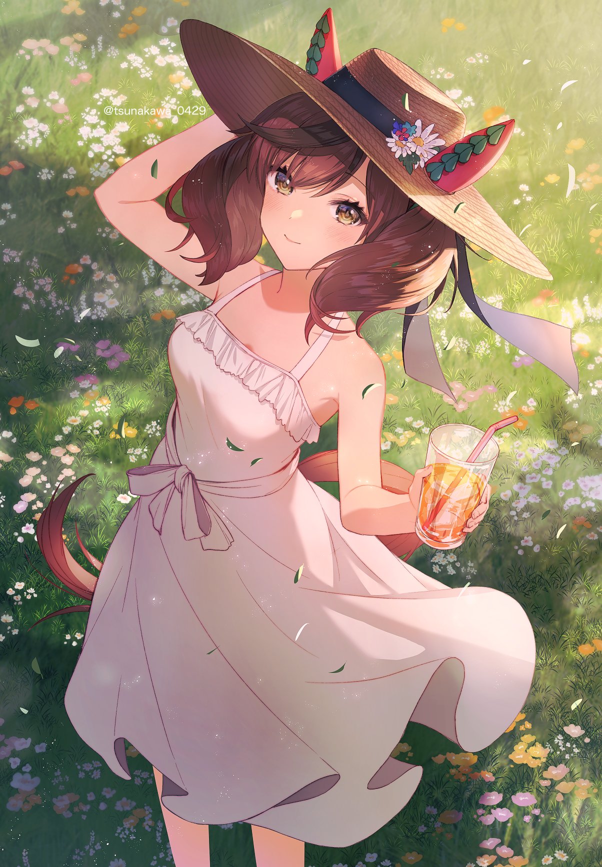 1girl animal_ears bare_shoulders brown_hair commentary cup dress drinking_glass ear_covers hand_on_headwear hat highres holding holding_clothes holding_cup horse_ears horse_girl horse_tail leaf long_hair looking_at_viewer nice_nature_(umamusume) sleeveless sleeveless_dress solo spaghetti_strap straw_hat sun_hat sundress tail tsunakawa twintails umamusume white_dress wind yellow_eyes