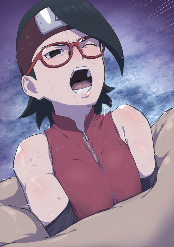 1girl bearhug black_eyes black_hair blush boruto:_naruto_next_generations eeshin_(eishin5584) forehead_protector glasses naruto_(series) one_eye_closed open_mouth red-framed_eyewear solo_focus sweat uchiha_sarada