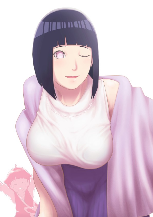 2girls bangs boruto:_naruto_next_generations breasts eeshin_(eishin5584) hyuuga_hinata large_breasts light_purple_eyes looking_at_viewer mature_female mother_and_daughter multiple_girls naruto_(series) one_eye_closed short_hair simple_background smile uzumaki_himawari white_background