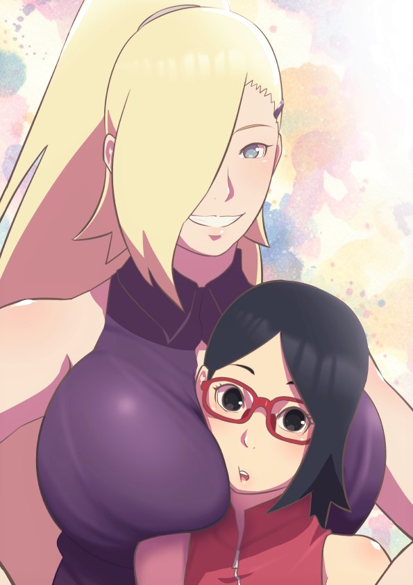 2girls age_difference between_breasts black_eyes black_hair blue_eyes blush boruto:_naruto_next_generations breasts eeshin_(eishin5584) glasses grin hair_over_one_eye head_between_breasts large_breasts long_hair looking_at_viewer multiple_girls naruto_(series) ponytail red-framed_eyewear short_hair smile uchiha_sarada yamanaka_ino