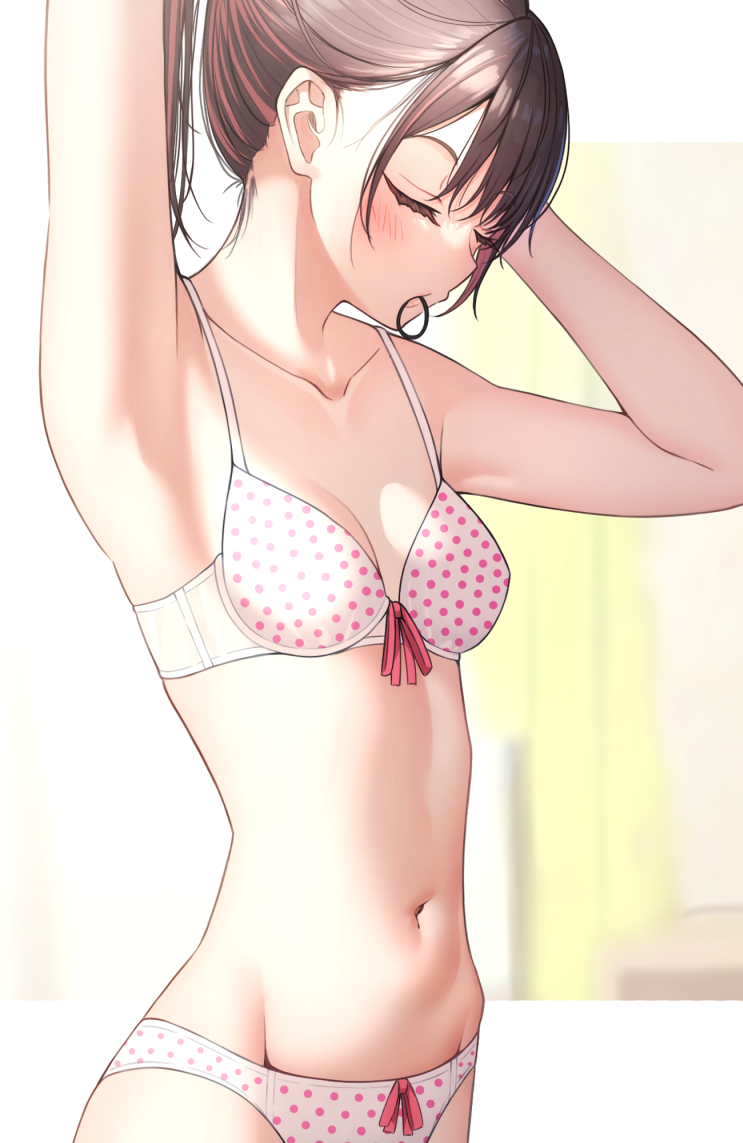 1girl adjusting_hair arm_up armpits blush bra breasts brown_hair closed_eyes collarbone commentary_request mottsun_(i_40y) mouth_hold navel original panties polka_dot polka_dot_bra polka_dot_panties ponytail short_hair small_breasts underwear underwear_only white_bra white_panties
