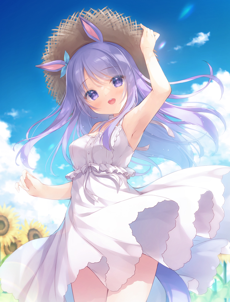 1girl :d arm_up armpits bangs bare_arms bare_shoulders blue_sky breasts brown_headwear cloud commentary_request day dress eyebrows_visible_through_hair flower hand_on_headwear hat long_hair looking_at_viewer medium_breasts mejiro_mcqueen_(umamusume) open_mouth outdoors purple_eyes purple_hair sky sleeveless sleeveless_dress smile solo straw_hat sunflower umamusume upper_teeth very_long_hair white_dress yellow_flower yukie_(peach_candy)