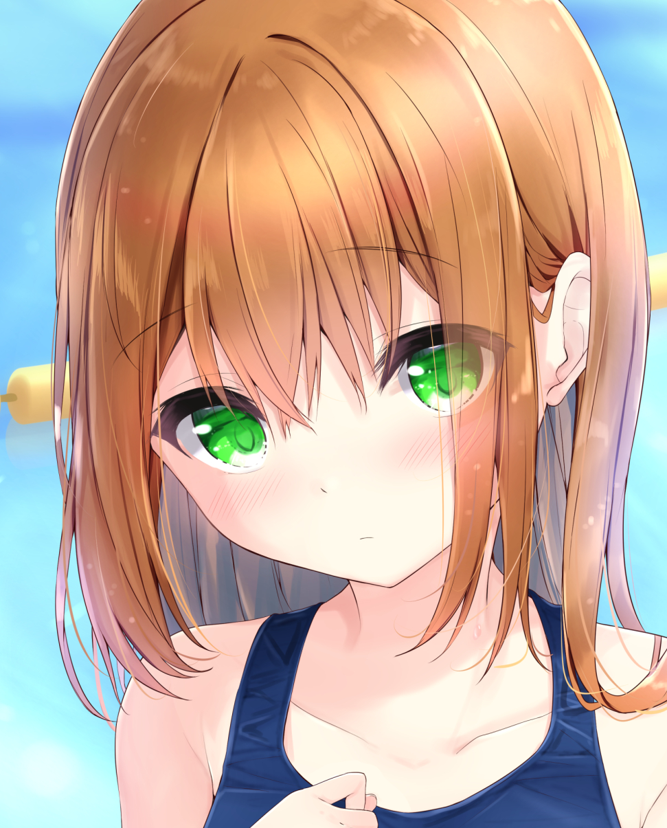 1girl bangs bare_shoulders blue_swimsuit blush brown_hair closed_mouth collarbone commentary_request eyebrows_visible_through_hair green_eyes hair_between_eyes hand_up highres kouda_suzu long_hair looking_at_viewer original school_swimsuit solo swimsuit