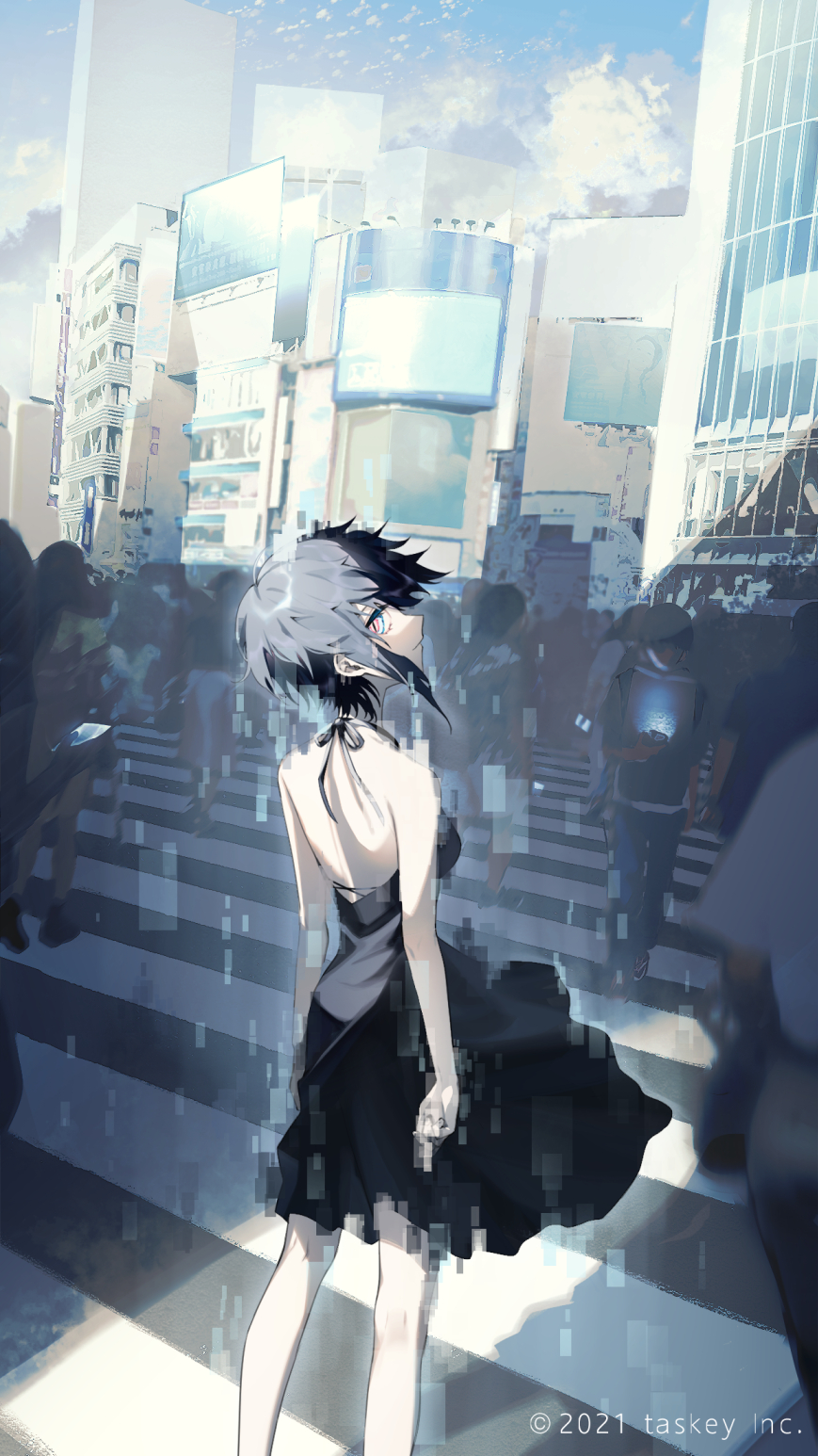 1girl arms_at_sides backless_outfit black_dress black_hair blue_eyes cellphone city commentary_request copyright_request crosswalk crowd dress glitch grey_hair haizome_senri highres looking_at_viewer looking_back multicolored multicolored_eyes multicolored_hair official_art orange_eyes people phone short_hair slit_pupils smartphone solo_focus static two-tone_hair