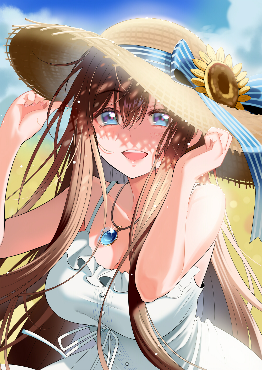 1girl :d arm_up bangs bare_arms bare_shoulders blue_eyes bow breasts brown_hair brown_headwear cleavage collarbone commentary_request day dress eyebrows_visible_through_hair flower frilled_dress frills hair_between_eyes hand_on_headwear hand_up hat hat_bow hat_flower highres jewelry long_hair looking_at_viewer medium_breasts open_mouth original outdoors pendant piyopoyo sleeveless sleeveless_dress smile solo straw_hat striped striped_bow sunflower very_long_hair yellow_flower