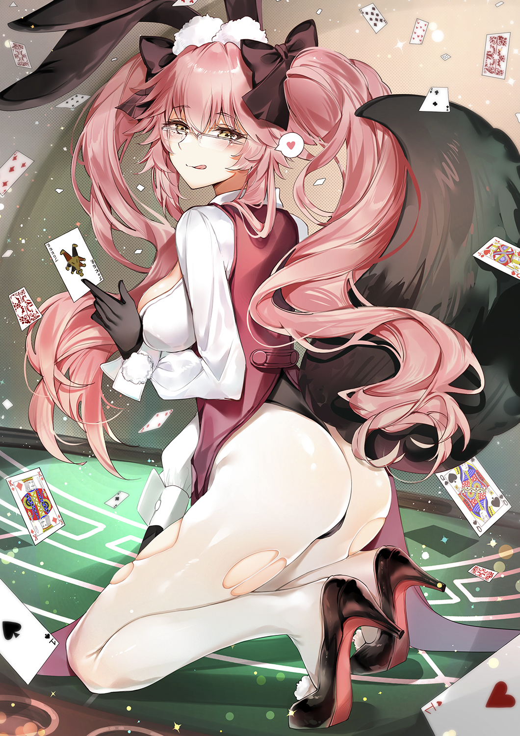 1girl animal_ear_fluff animal_ears ass bangs black_bow black_footwear black_gloves blush bow breasts card coattails collared_shirt corset dress_shirt eyebrows_visible_through_hair fate/grand_order fate_(series) fox_tail glasses gloves hair_between_eyes hair_bow heart high_heels highres koyanskaya_(fate) large_breasts licking_lips long_hair long_sleeves looking_at_viewer looking_to_the_side pantyhose pink_hair playing_card rabbit_ears shirt sidelocks smile solo spoken_heart tail tamamo_(fate) tongue tongue_out torn_clothes torn_legwear twintails underbust white_legwear white_shirt yellow_eyes yukineko1018