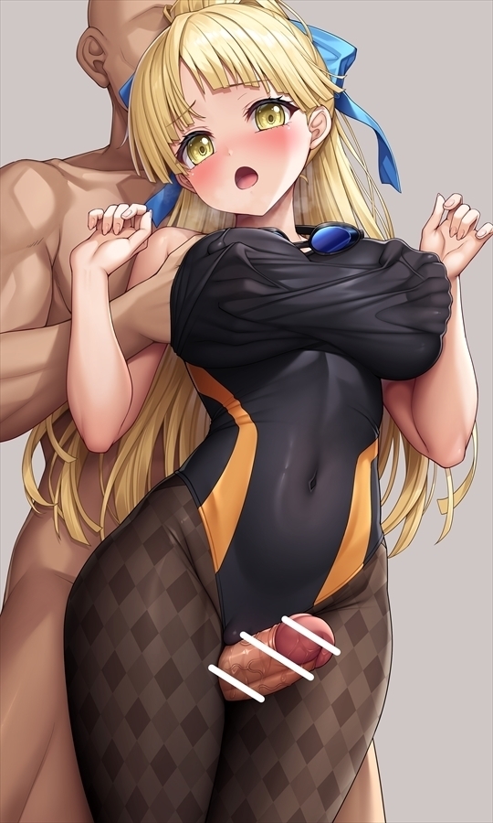 1boy 1girl :o bald bang_dream! bar_censor black_leotard blonde_hair blue_bow blue_ribbon bow brown_pantyhose censored checkered_pantyhose clothed_female_nude_male commentary_request commission covered_navel faceless faceless_male grabbing_another's_breast grabbing_from_behind grey_background groping hair_bow hair_ribbon hetero lambda_(kusowarota) leotard long_hair looking_at_viewer nude open_mouth pantyhose pantyhose_under_swimsuit penis ribbon simple_background skeb_commission standing swimsuit thigh_sex tongue tsurumaki_kokoro yellow_eyes