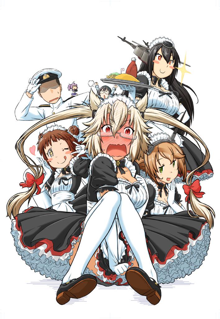 &gt;_&lt; +_+ 1boy 6+girls admiral_(kancolle) alternate_costume aoba_(kancolle) black_hair blonde_hair blush blush_stickers bow breasts brown_eyes chibi cleavage dark-skinned_female dark_skin double_bun dress enmaided fairy_(kancolle) frilled_dress frills full-face_blush glasses gloves hair_bow hair_flaps headgear heart kantai_collection large_breasts maid maid_headdress military military_uniform moroyan multiple_girls musashi_(kancolle) mutsu_(kancolle) nagato_(kancolle) naka_(kancolle) one_eye_closed ooyodo_(kancolle) open_mouth pink_hair skirt skirt_tug small_breasts smile tongue tongue_out tray two_side_up uniform wavy_mouth white_gloves