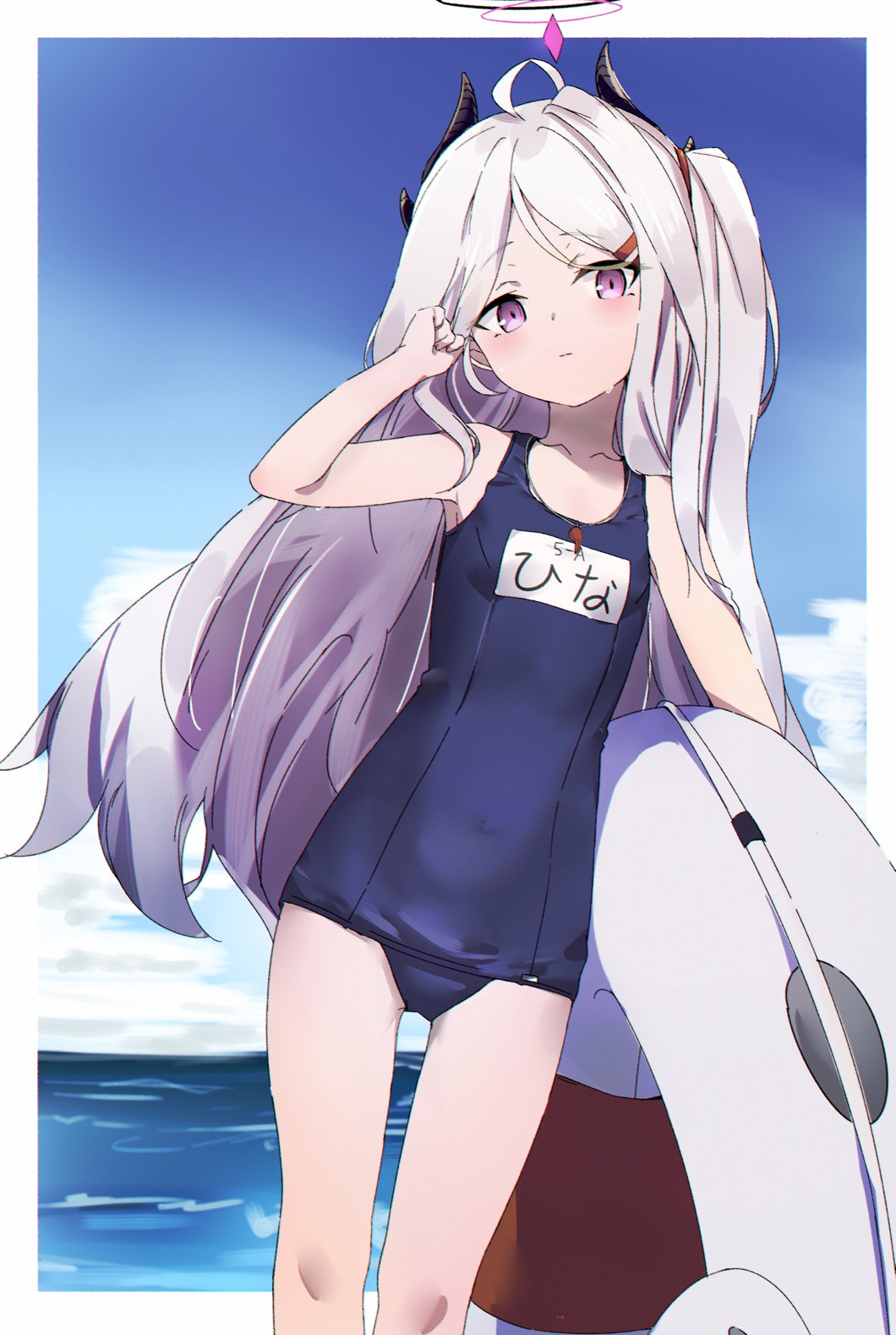 1girl beach black_horns blue_archive blue_sky blue_swimsuit character_name expressionless hair_ornament hairclip halo highres hina_(blue_archive) holding holding_innertube horns innertube kure_(kure_ng) long_hair multiple_horns name_tag ocean old_school_swimsuit outdoors purple_eyes sand school_swimsuit sky solo swimsuit two_side_up very_long_hair white_hair