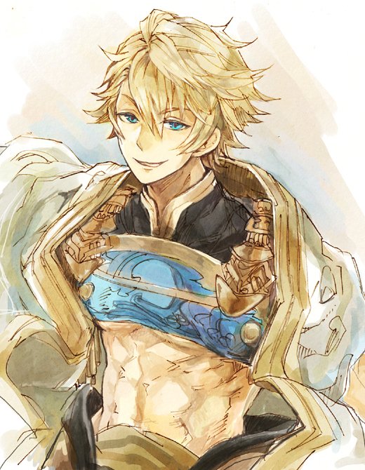 1boy abs ahoge aladdin_(sinoalice) aqua_eyes arabian_clothes armor bare_pectorals blonde_hair breastplate cape eyebrows_visible_through_hair grin looking_at_viewer male_focus parted_lips pectorals short_hair simple_background sino_nb3 sinoalice smile solo