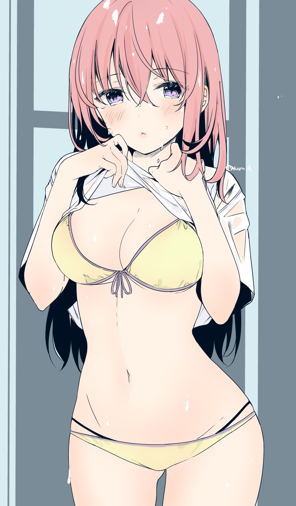 1girl bangs bikini blush breasts cleavage closed_mouth clothes_lift hands_up highres long_hair looking_at_viewer medium_breasts midriff navel original pink_hair purple_eyes shirt shirt_lift short_sleeves solo standing swimsuit t-shirt white_shirt yellow_bikini yu_yu