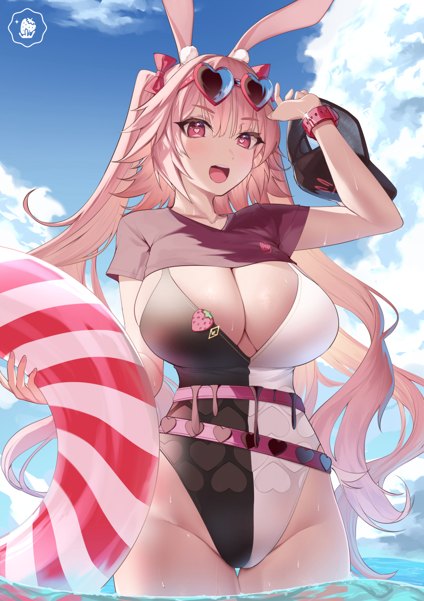 1girl :d animal_ears bangs belt black_headwear blue_sky blush bow breasts casual_one-piece_swimsuit cleavage day eyebrows_visible_through_hair eyewear_on_head glint groin hair_bow hat hat_removed headwear_removed heart heart-shaped_pupils highleg highleg_swimsuit highres innertube large_breasts long_hair looking_at_viewer one-piece_swimsuit open_mouth original outdoors pink_hair rabbit_ears red-framed_eyewear red_bow red_eyes short_sleeves sky smile solo sunglasses sweat swimsuit symbol-shaped_pupils thigh_gap two-tone_swimsuit two_side_up upper_teeth very_long_hair wading water yaman
