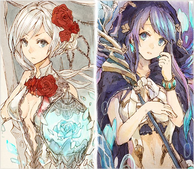 2girls blue_eyes blue_hair book bracelet breasts cleavage cleavage_cutout closed_mouth clothing_cutout crop_top fins flower hair_bun hair_flower hair_ornament holding holding_staff hood hood_up jewelry large_breasts looking_at_viewer multicolored_hair multiple_girls navel ningyo_hime_(sinoalice) orb purple_hair ribbon rose sad serious sidelocks sino_nb3 sinoalice snow_white_(sinoalice) staff twintails two-tone_hair white_hair